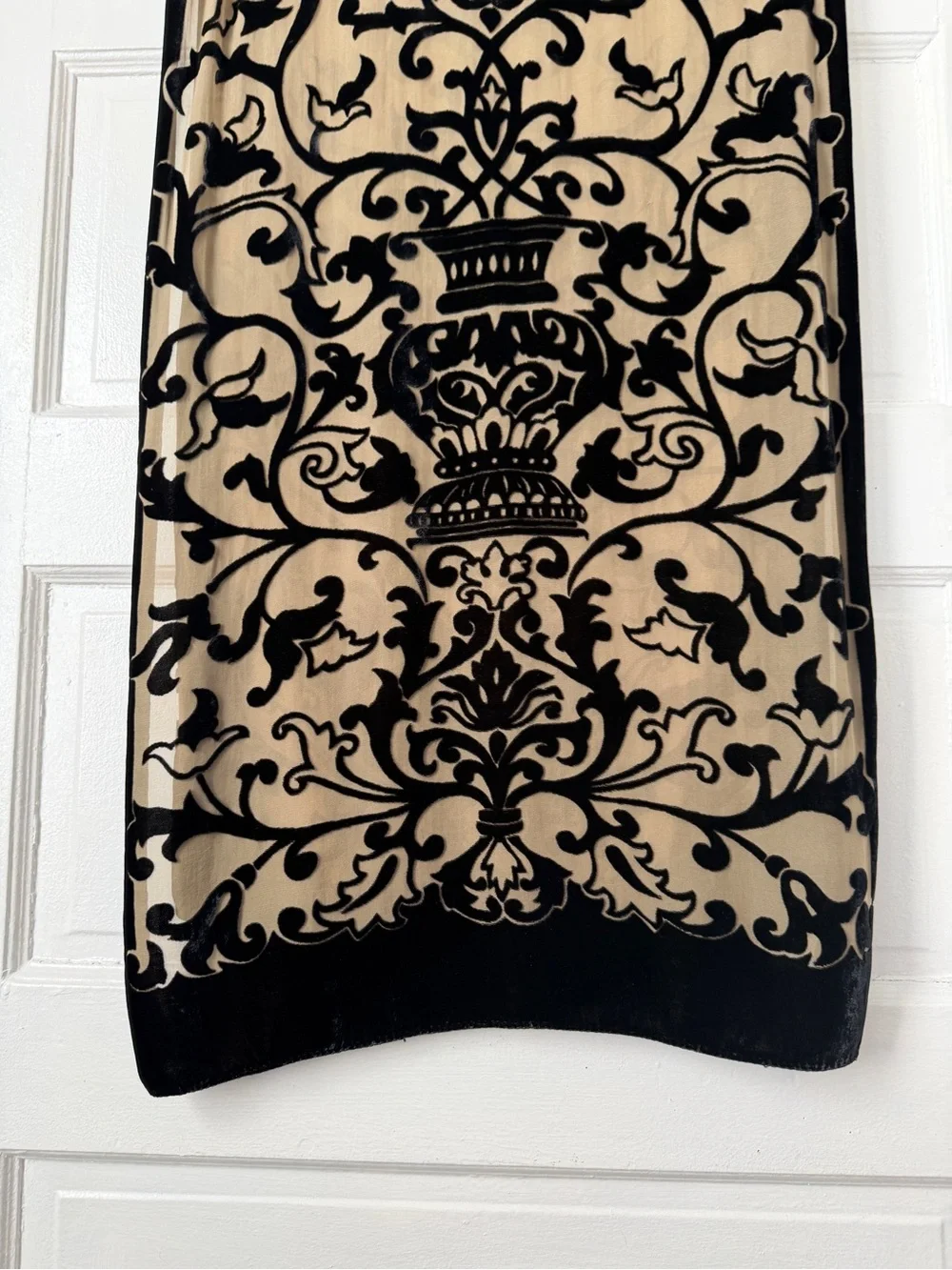 Silk Blend Velvet Burnout Scarf Wrap Beige & Black Damask Paisley Print Regal